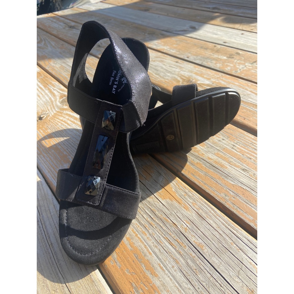 St Johns Bay Flex Form Black Wedge Sandals Jewel Embellished T-Strap 8M 105-6320